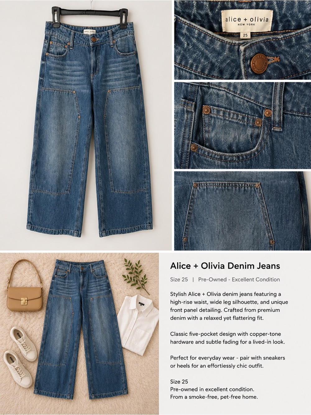 Alice + Olivia Wide Leg Patch-Panel Denim Jeans - Medium Blue